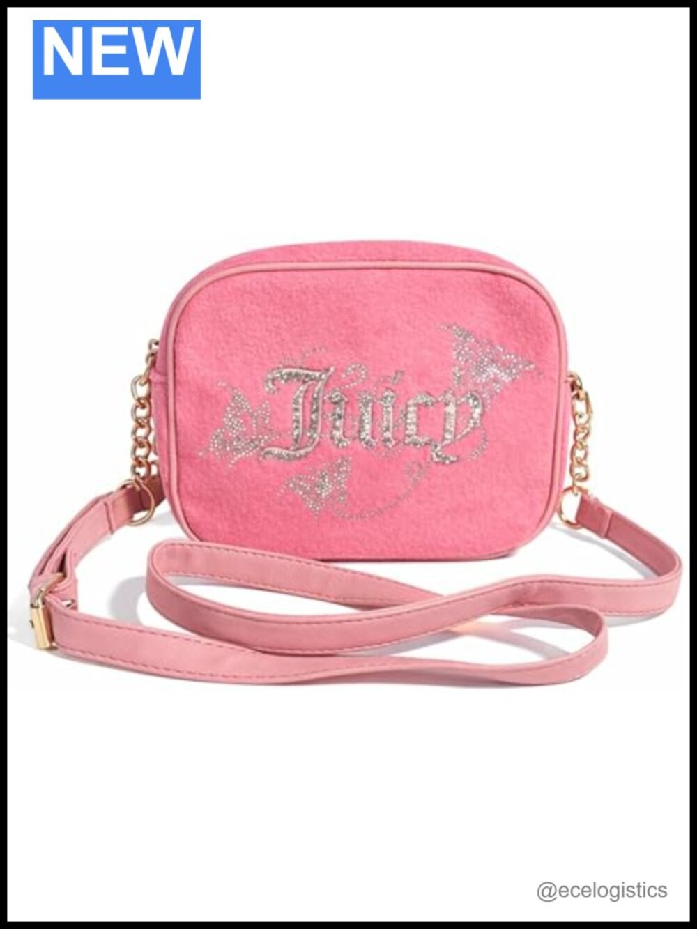 Faux Leather Velour Crossbody Purse with Rhinestone Logo Camera Bag